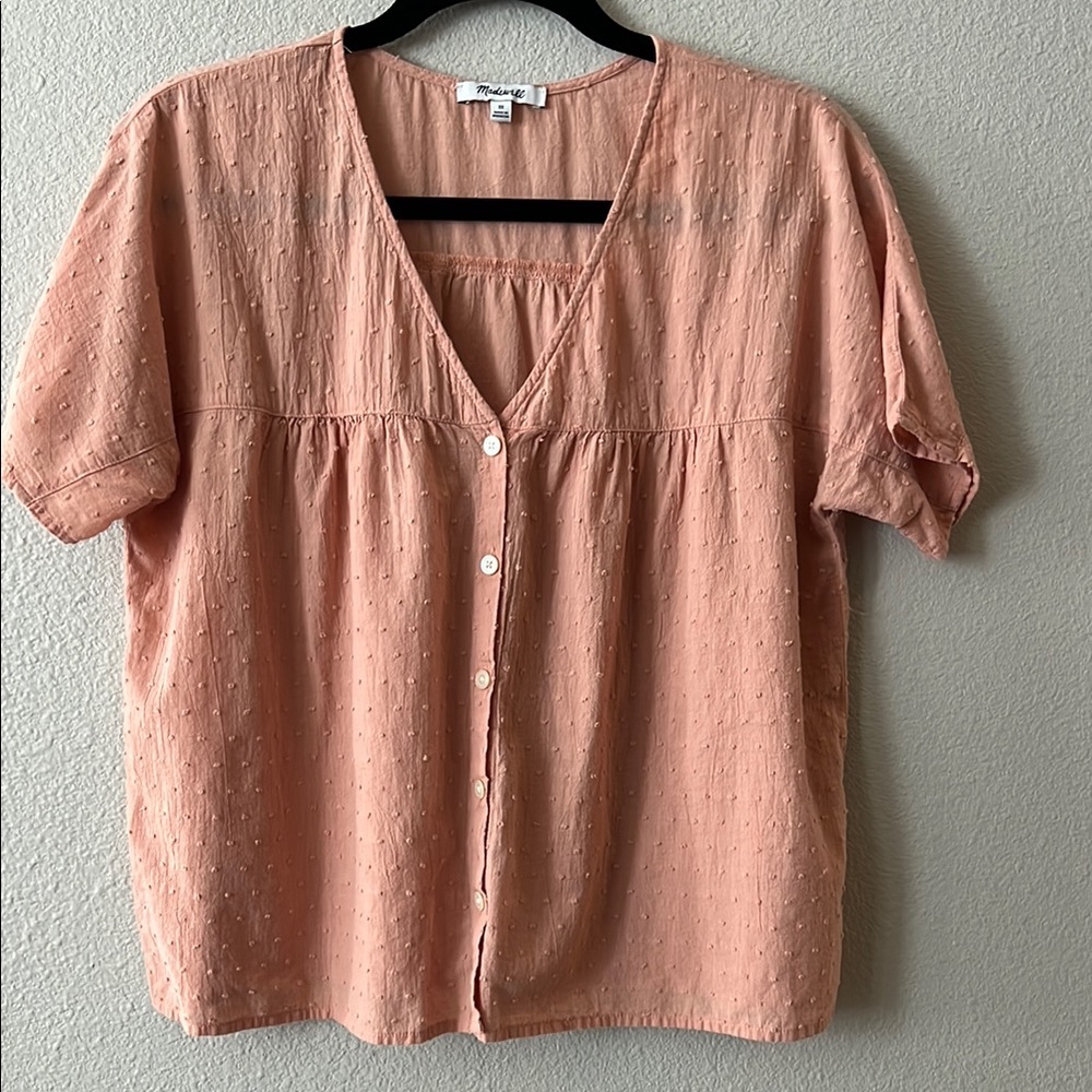 Madewell Coral Textured Short Sleeve Blouse